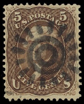 Value of US Stamps Scott Catalog 95: 1868 5c Jefferson Grill. Daniel Kelleher Auctions, Oct 2012, Sale 632, Lot 1009