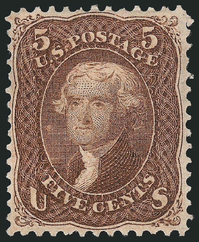 US Stamp Prices Scott #95 - 1868 5c Jefferson Grill. Robert Siegel Auction Galleries, Mar 2012, Sale 1021, Lot 259
