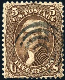US Stamps Value Scott # 95 - 1868 5c Jefferson Grill. Harmer-Schau Auction Galleries, Oct 2009, Sale 83, Lot 350