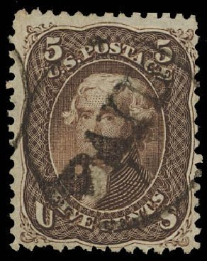 Value of US Stamp Scott Catalog #95: 1868 5c Jefferson Grill. Daniel Kelleher Auctions, Oct 2012, Sale 632, Lot 1010