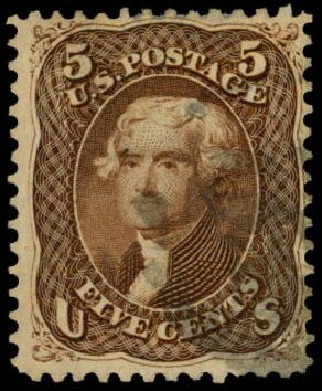 US Stamps Price Scott Cat. #95: 1868 5c Jefferson Grill. Daniel Kelleher Auctions, May 2014, Sale 652, Lot 210