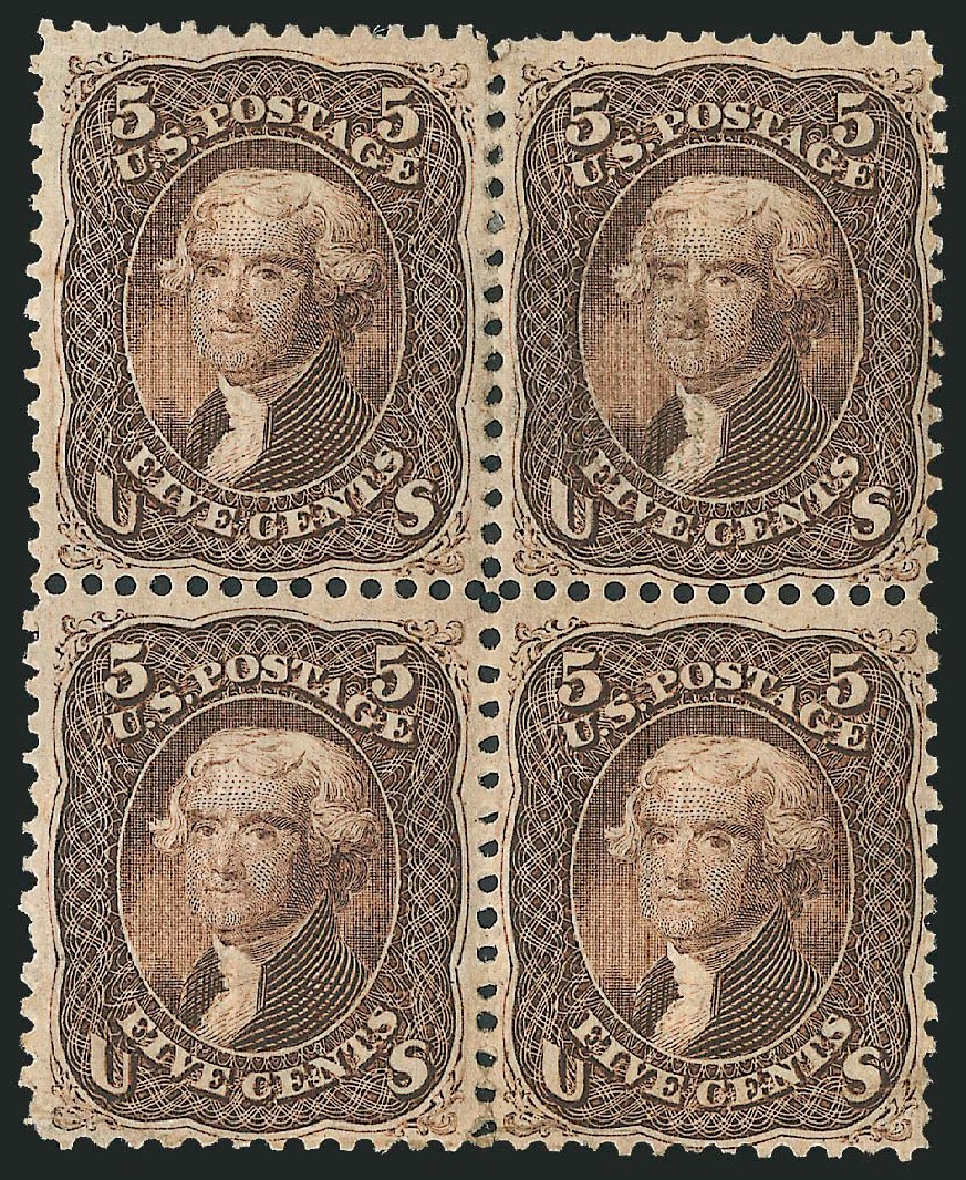 US Stamp Price Scott Catalog 95: 1868 5c Jefferson Grill. Robert Siegel Auction Galleries, Mar 2012, Sale 1021, Lot 260