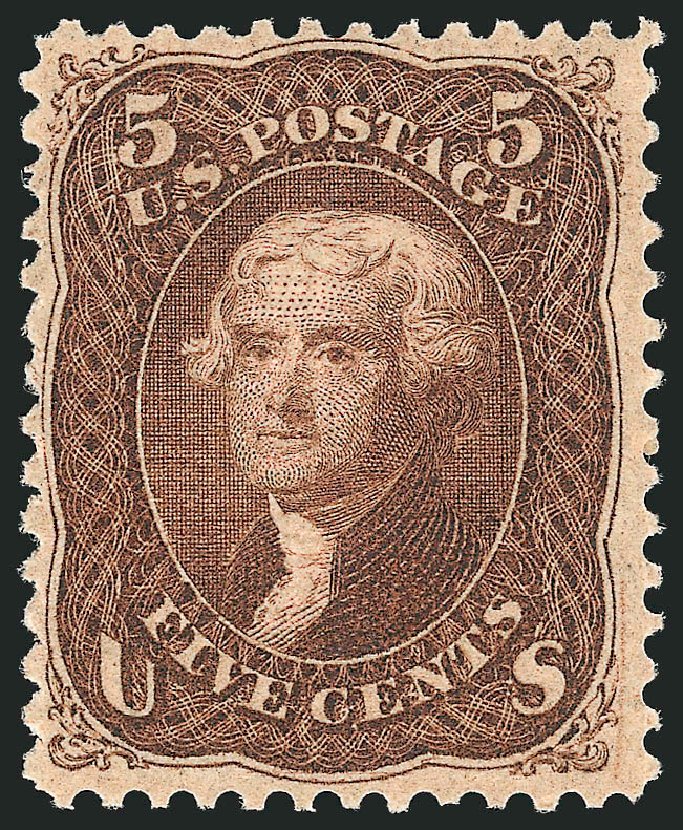 Values of US Stamps Scott Catalogue #95: 1868 5c Jefferson Grill. Robert Siegel Auction Galleries, Sep 2014, Sale 1078, Lot 200