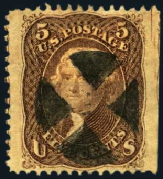 US Stamp Values Scott Cat. #95: 1868 5c Jefferson Grill. Harmer-Schau Auction Galleries, May 2012, Sale 93, Lot 271