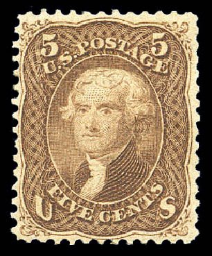 Costs of US Stamp Scott Catalogue #95: 1868 5c Jefferson Grill. Matthew Bennett International, Sep 2010, Sale 333, Lot 3474