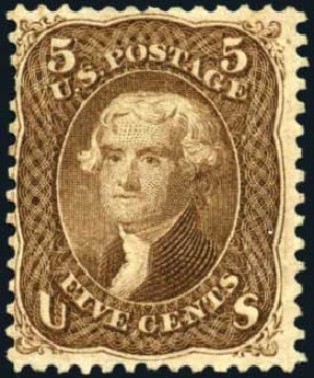 Value of US Stamp Scott Catalog #95 - 5c 1868 Jefferson Grill. Harmer-Schau Auction Galleries, Apr 2008, Sale 77, Lot 64