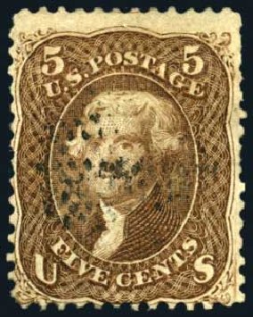 US Stamps Prices Scott Catalog # 95: 1868 5c Jefferson Grill. Harmer-Schau Auction Galleries, Oct 2008, Sale 79, Lot 84