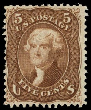 US Stamp Values Scott 95 - 1868 5c Jefferson Grill. Daniel Kelleher Auctions, Mar 2014, Sale 650, Lot 2544