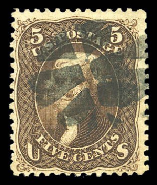 US Stamps Price Scott Catalogue 95: 1868 5c Jefferson Grill. Matthew Bennett International, Sep 2010, Sale 333, Lot 3475