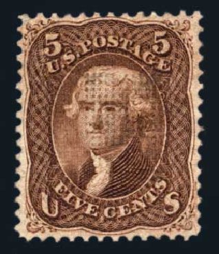 Values of US Stamps Scott Cat. 95 - 1868 5c Jefferson Grill. Harmer-Schau Auction Galleries, Aug 2014, Sale 102, Lot 1735