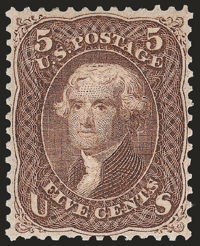 US Stamps Price Scott Cat. #95 - 1868 5c Jefferson Grill. Robert Siegel Auction Galleries, Apr 2009, Sale 972, Lot 3095