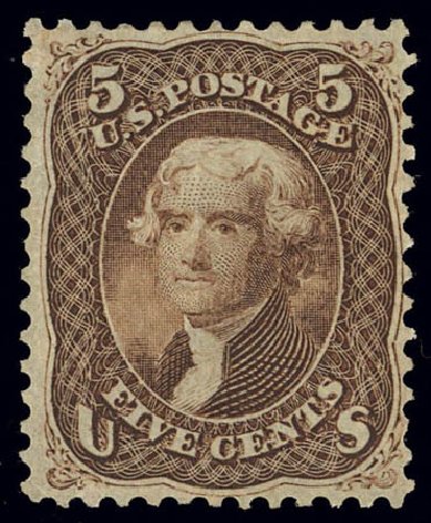 Costs of US Stamp Scott Catalogue # 95 - 1868 5c Jefferson Grill. Daniel Kelleher Auctions, Feb 2013, Sale 634, Lot 82