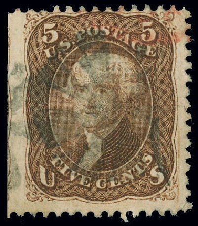 US Stamp Values Scott Catalogue 95: 1868 5c Jefferson Grill. Matthew Bennett International, Jun 2008, Sale 328, Lot 583