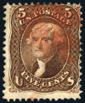 Price of US Stamps Scott Catalogue 95: 5c 1868 Jefferson Grill. Harmer-Schau Auction Galleries, Aug 2011, Sale 90, Lot 1243