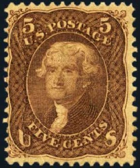 Values of US Stamp Scott Catalogue 95: 1868 5c Jefferson Grill. Harmer-Schau Auction Galleries, Aug 2012, Sale 94, Lot 1153