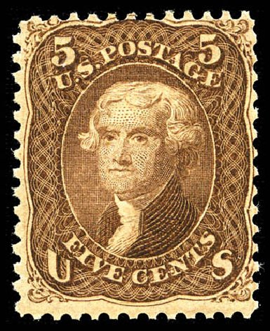 US Stamps Prices Scott 95: 5c 1868 Jefferson Grill. Matthew Bennett International, Mar 2012, Sale 344, Lot 4296