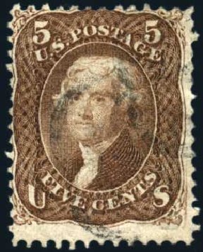 US Stamps Value Scott Catalogue #95 - 1868 5c Jefferson Grill. Harmer-Schau Auction Galleries, Oct 2010, Sale 87, Lot 126