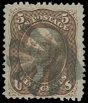US Stamp Value Scott Catalogue #95 - 1868 5c Jefferson Grill. H.R. Harmer, Jun 2013, Sale 3003, Lot 1096