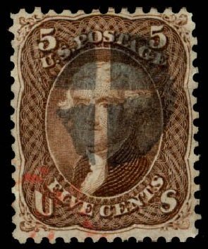 US Stamp Prices Scott Catalog 95: 1868 5c Jefferson Grill. Daniel Kelleher Auctions, Sep 2013, Sale 639, Lot 3206