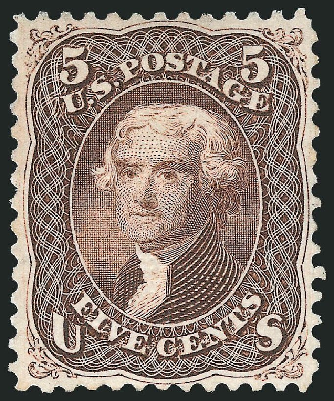 US Stamp Value Scott Catalogue 95: 1868 5c Jefferson Grill. Robert Siegel Auction Galleries, Mar 2013, Sale 1040, Lot 1336