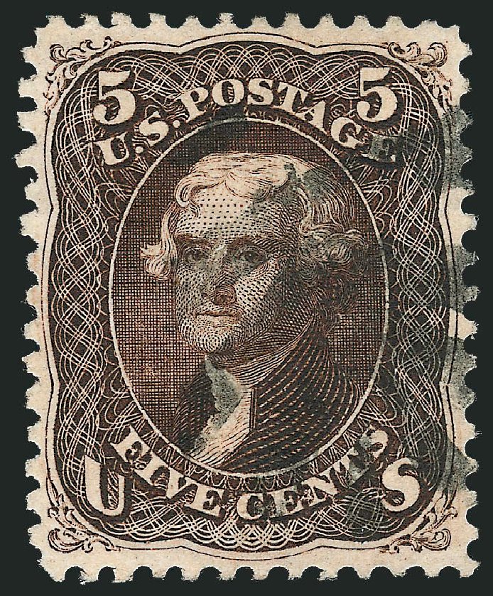 US Stamps Price Scott Catalogue 95 - 1868 5c Jefferson Grill. Robert Siegel Auction Galleries, Oct 2008, Sale 963, Lot 596