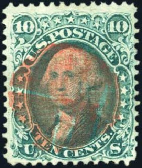 US Stamps Values Scott # 96: 1868 10c Washington Grill. Harmer-Schau Auction Galleries, Mar 2011, Sale 89, Lot 144