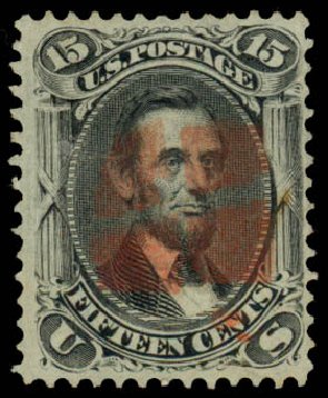 Values of US Stamp Scott Catalogue #98: 1868 15c Lincoln Grill. Daniel Kelleher Auctions, Mar 2014, Sale 648, Lot 2057