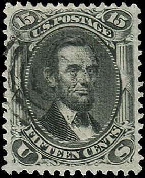 US Stamp Values Scott # 98: 15c 1868 Lincoln Grill. Regency-Superior, Nov 2014, Sale 108, Lot 229