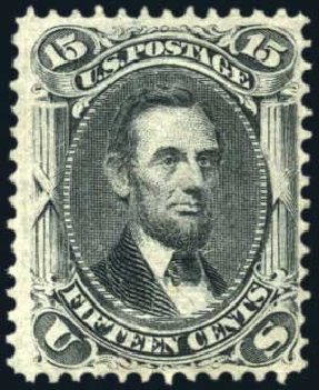 Cost of US Stamps Scott Catalogue # 98: 1868 15c Lincoln Grill. Harmer-Schau Auction Galleries, Feb 2010, Sale 84, Lot 1365