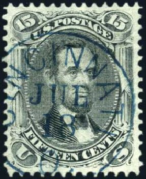 Values of US Stamp Scott Cat. #98 - 15c 1868 Lincoln Grill. Harmer-Schau Auction Galleries, Mar 2011, Sale 89, Lot 145