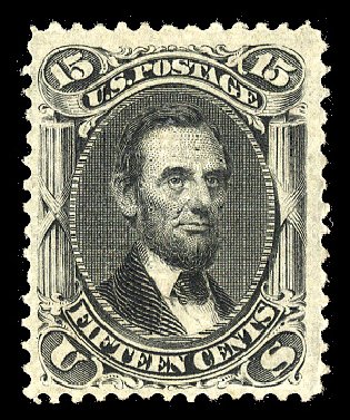 Value of US Stamp Scott # 98: 15c 1868 Lincoln Grill. Cherrystone Auctions, Apr 2014, Sale 201404, Lot 46