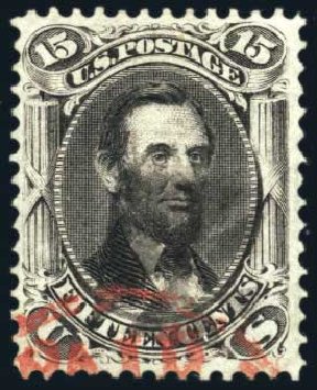 US Stamp Values Scott 98 - 1868 15c Lincoln Grill. Harmer-Schau Auction Galleries, Feb 2010, Sale 84, Lot 1366