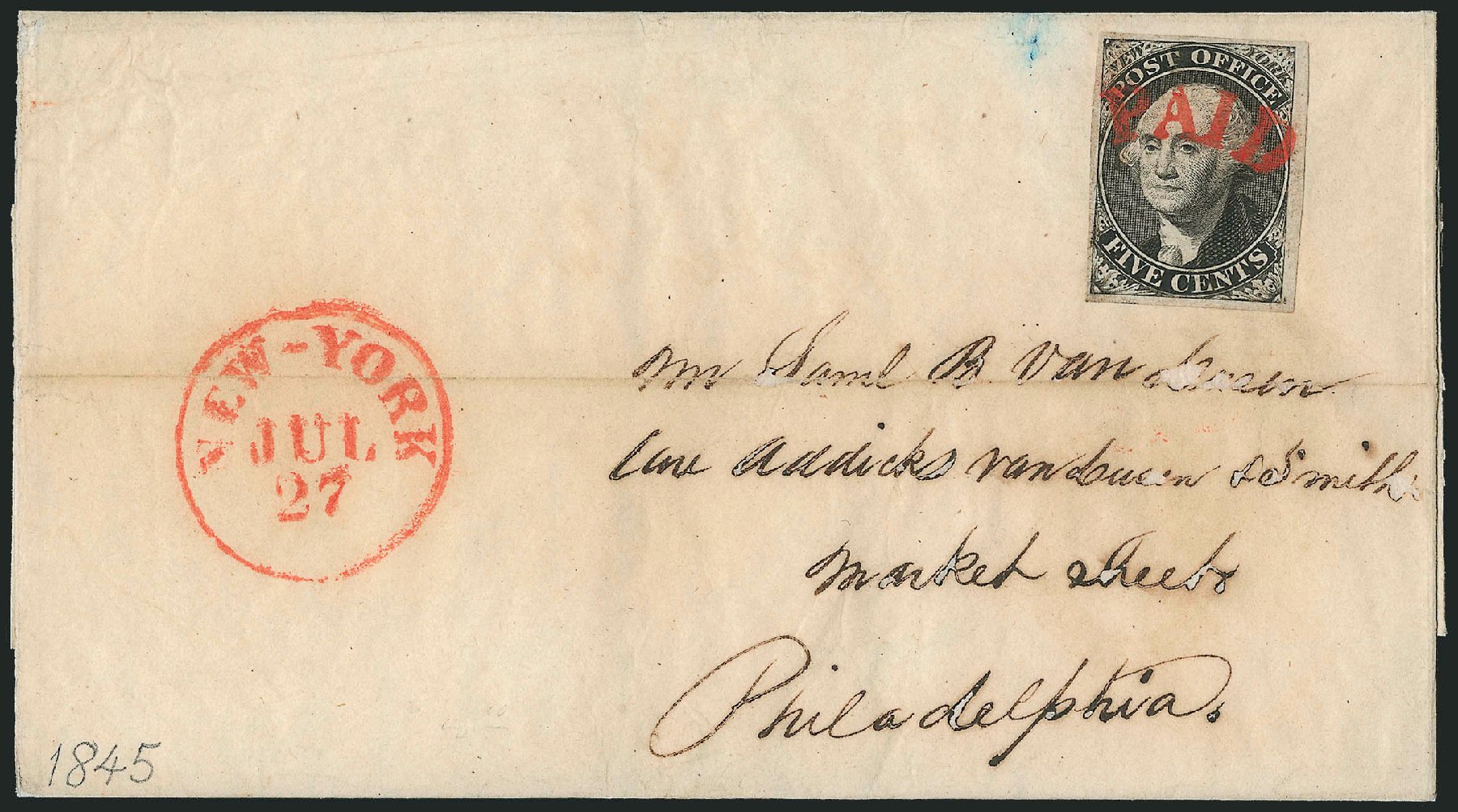 Price of US Stamps Scott Catalog #9X1 - 1846 5c New York Postmasters Provisional. Robert Siegel Auction Galleries, Dec 2010, Sale 999, Lot 588