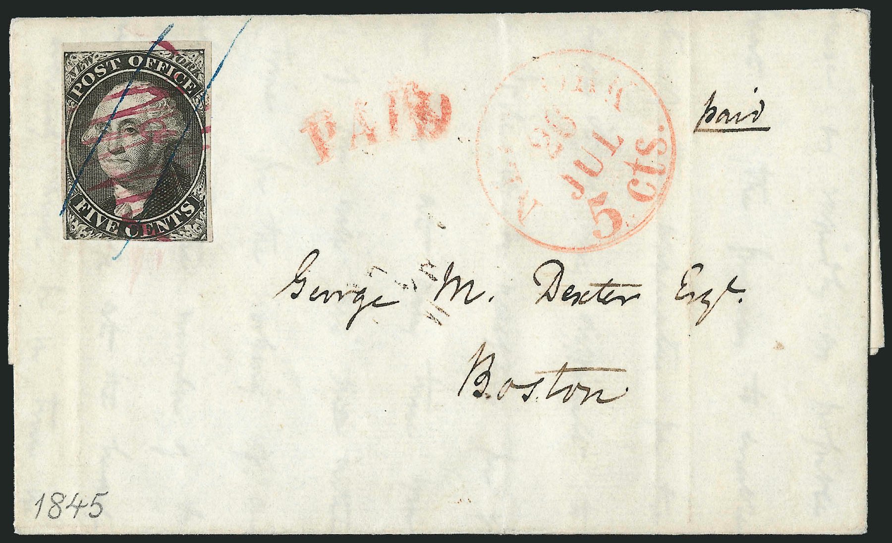 US Stamp Values Scott Catalog #9X1 - 1846 5c New York Postmasters Provisional. Robert Siegel Auction Galleries, Dec 2010, Sale 999, Lot 598