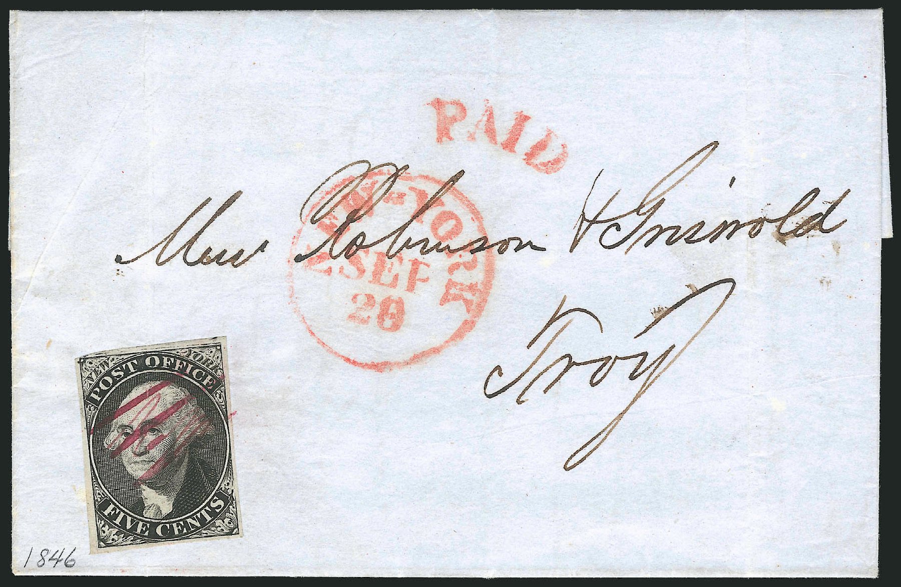 Cost of US Stamp Scott # 9X1 - 1846 5c New York Postmasters Provisional. Robert Siegel Auction Galleries, Dec 2010, Sale 999, Lot 609