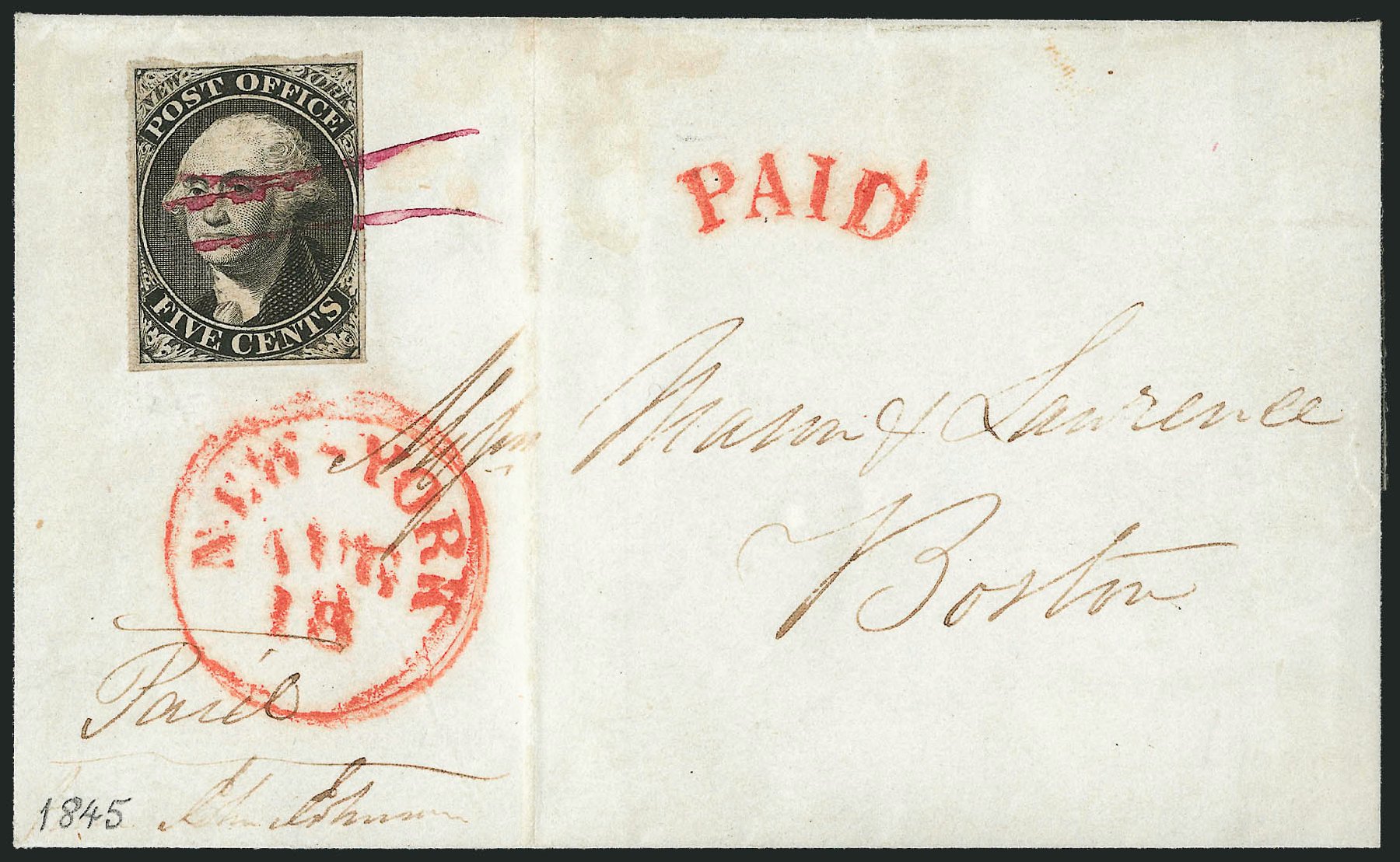 US Stamp Price Scott Catalog 9X1: 1846 5c New York Postmasters Provisional. Robert Siegel Auction Galleries, Dec 2010, Sale 999, Lot 594