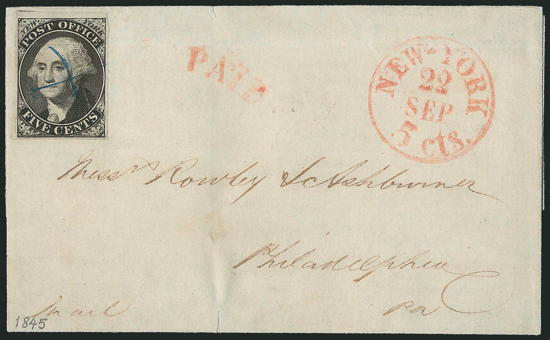 Cost of US Stamp Scott Catalogue # 9X1: 5c 1846 New York Postmasters Provisional. Robert Siegel Auction Galleries, Dec 2010, Sale 999, Lot 595