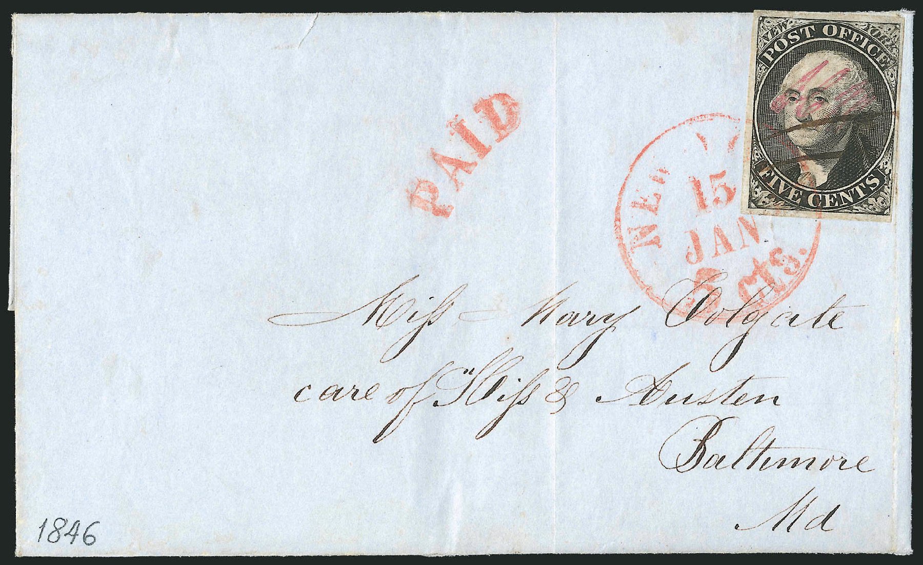 Price of US Stamp Scott 9X1: 5c 1846 New York Postmasters Provisional. Robert Siegel Auction Galleries, Dec 2010, Sale 999, Lot 605