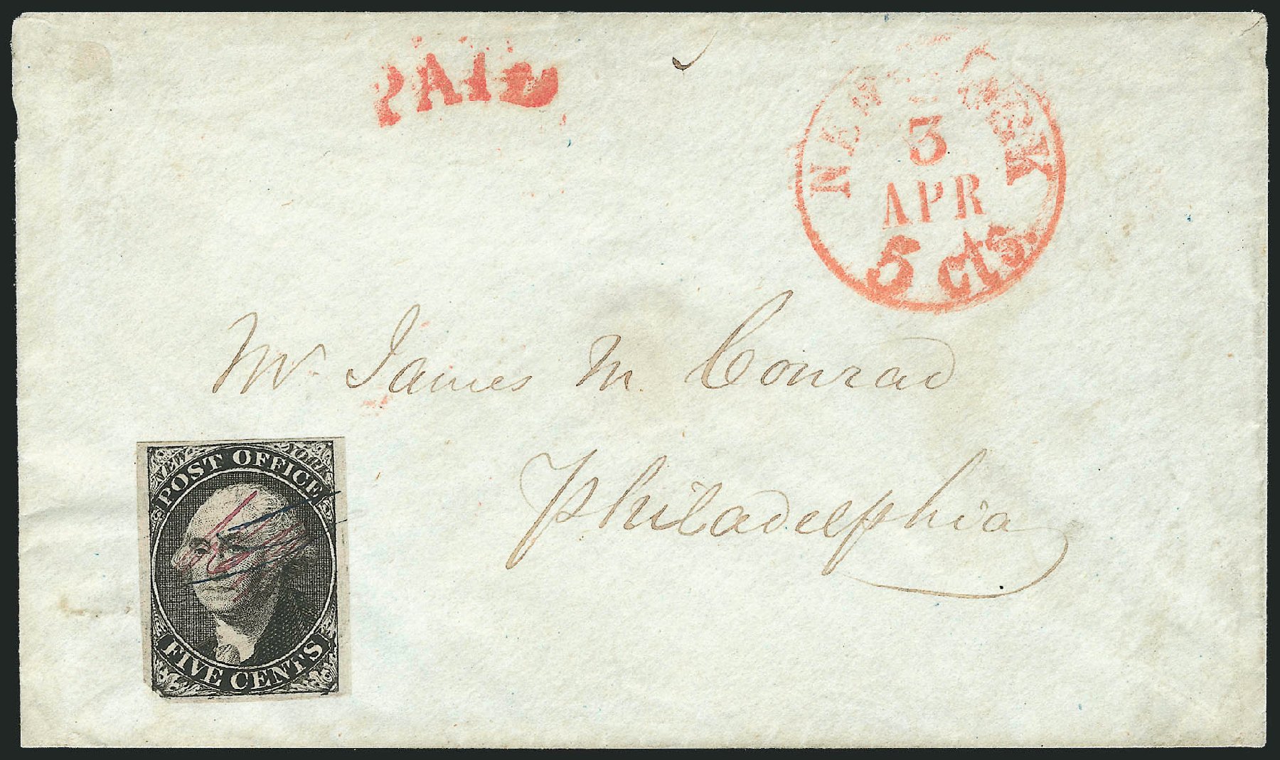 US Stamps Values Scott Catalogue 9X1: 5c 1846 New York Postmasters Provisional. Robert Siegel Auction Galleries, Oct 2011, Sale 1013, Lot 263