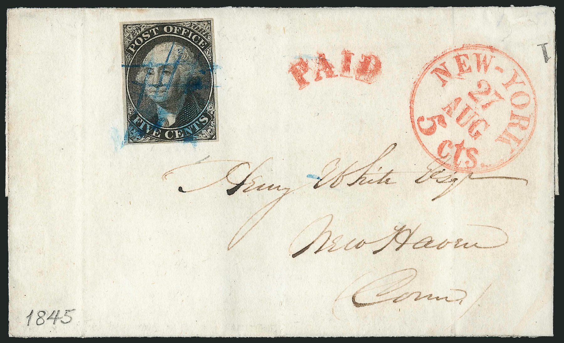 US Stamp Price Scott Catalog #9X1 - 5c 1846 New York Postmasters Provisional. Robert Siegel Auction Galleries, Dec 2010, Sale 999, Lot 593