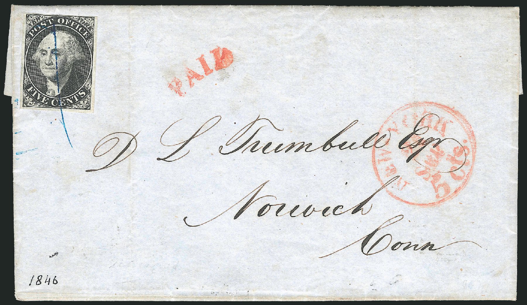 US Stamp Prices Scott Cat. 9X1: 1846 5c New York Postmasters Provisional. Robert Siegel Auction Galleries, Apr 2012, Sale 1023, Lot 2026