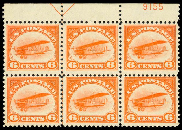 Value of US Stamps Scott C1: 6c 1918 Air Curtiss Jenny. Daniel Kelleher Auctions, Apr 2013, Sale 636, Lot 537