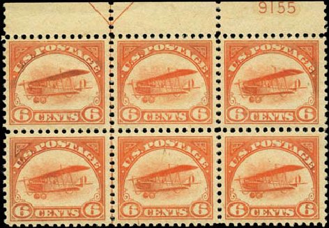 US Stamp Values Scott # C1: 6c 1918 Air Curtiss Jenny. Harmer-Schau Auction Galleries, Feb 2012, Sale 92, Lot 1249