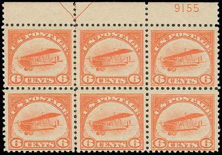 US Stamps Values Scott Cat. C1: 1918 6c Air Curtiss Jenny. H.R. Harmer, Nov 2013, Sale 3004, Lot 1361