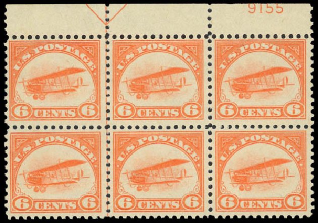 US Stamps Values Scott C1: 6c 1918 Air Curtiss Jenny. Daniel Kelleher Auctions, Aug 2012, Sale 631, Lot 1604
