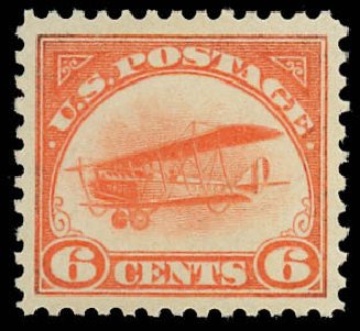 US Stamps Prices Scott C1: 1918 6c Air Curtiss Jenny. Daniel Kelleher Auctions, Oct 2012, Sale 632, Lot 1476