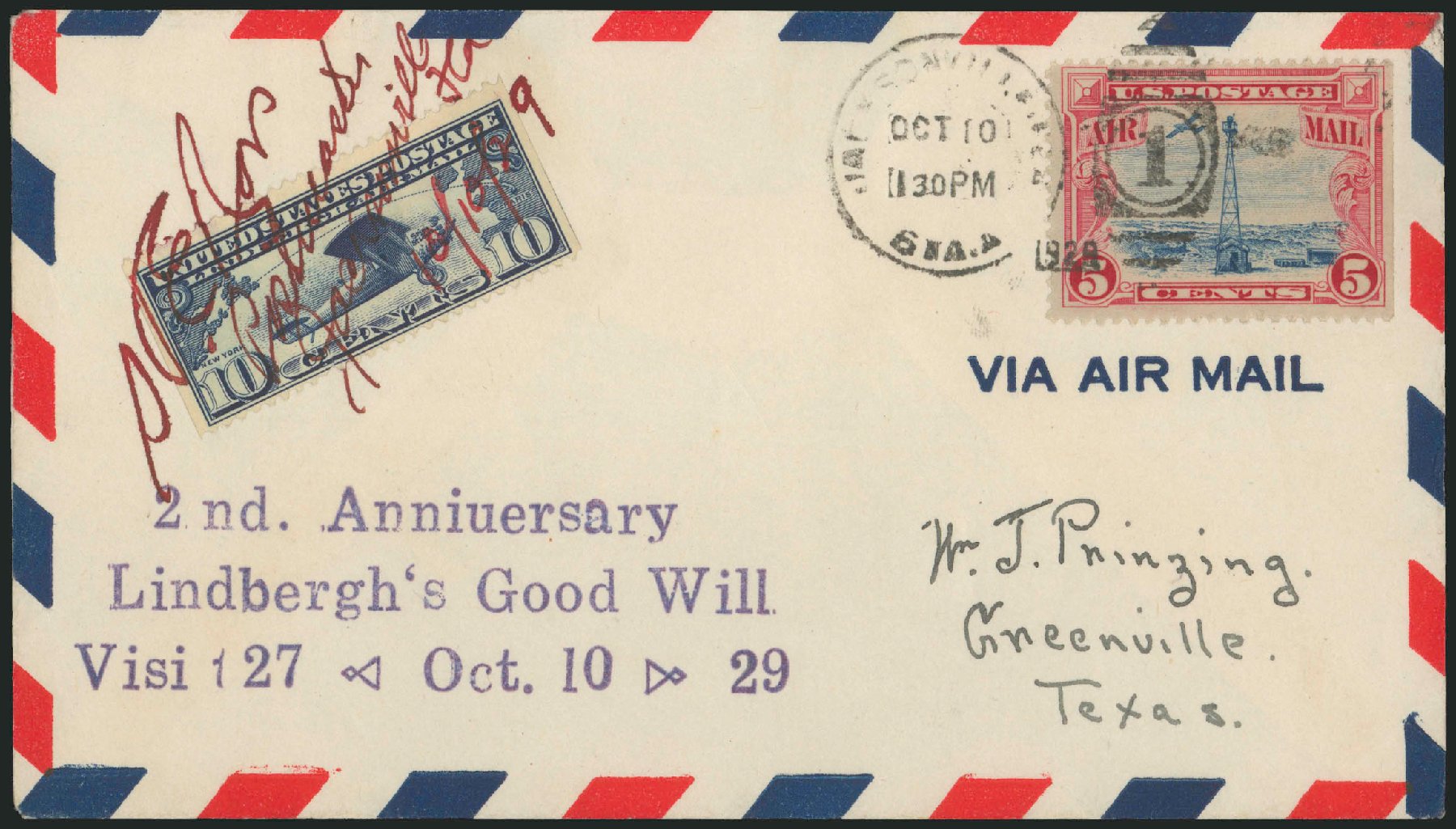Prices of US Stamp Scott Cat. C10 - 10c 1927 Air Lindbergh Plane Spirit. Robert Siegel Auction Galleries, Jun 2010, Sale 991, Lot 1373