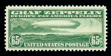 Values of US Stamps Scott Catalog C13: 1930 65c Air Graf Zeppelin. Matthew Bennett International, Dec 2007, Sale 325, Lot 2360
