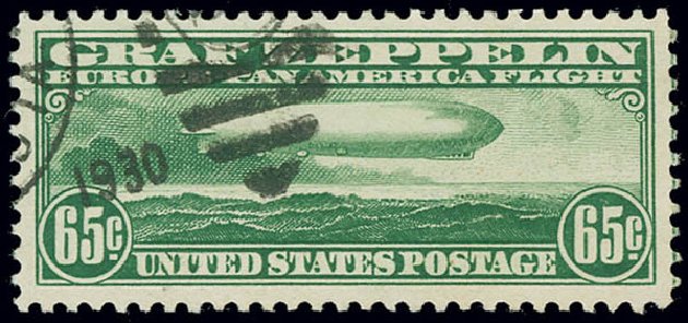 Values of US Stamps Scott Catalog C13 - 1930 65c Air Graf Zeppelin. Matthew Bennett International, Jun 2008, Sale 328, Lot 1124