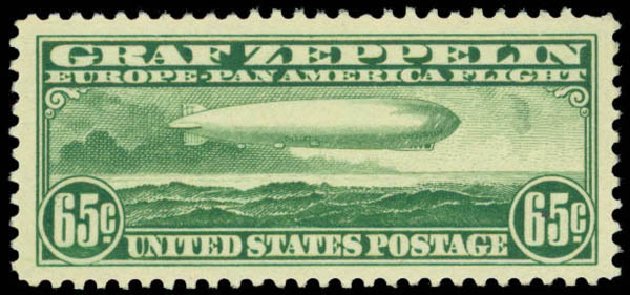 US Stamp Value Scott Cat. C13: 65c 1930 Air Graf Zeppelin. Daniel Kelleher Auctions, Apr 2013, Sale 636, Lot 554